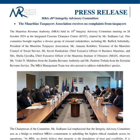 Document preview: MRA 18th Integrity Advisory Committee : The Mauritius Taxpayers Association receives no complaints from taxpayers (28.10.24) — Document, Mauritius (CERFA n°PressRelease281024)