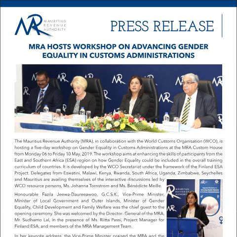 Document preview: MRA hosts workshop on advancing Gender Equality in Customs Administrations (07.05.19) — Document, Mauritius (CERFA n°PressRelease070519)