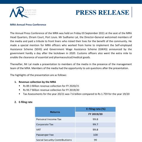 Document preview: MRA Annual Press Conference 2021 (03.09.21) — Document, Mauritius (CERFA n°PressRelease030921)
