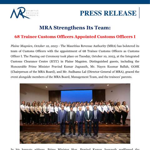 Document preview: MRA strengthens its Team : 68 Trainee Customs Officers appointed Customs Officers I (10.10.23) — Document, Mauritius (CERFA n°PressRelease101023)