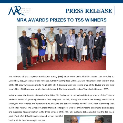 Document preview: MRA awards prizes to TSS winners (19.12.19) — Document, Mauritius (CERFA n°PressRelease191219)