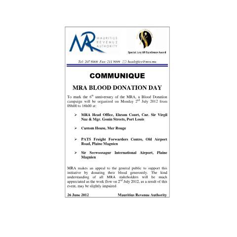 Document preview: MRA Blood Donation 2012 (26.06.2012)&nbsp; — Document, Mauritius (CERFA n°BloodDonation2012)