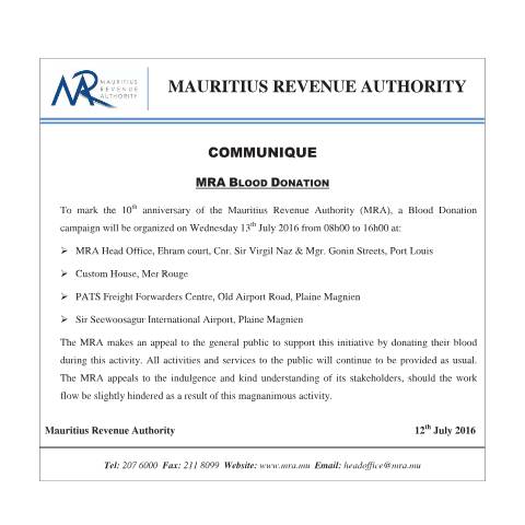 Document preview: MRA Blood Donation (12.07.16) — Document, Mauritius (CERFA n°BloodDonation120715)