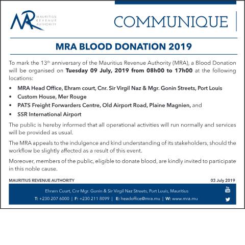 Document preview: MRA Blood Donation 2019 (03.07.19) — Document, Mauritius (CERFA n°BloodDonation2019)