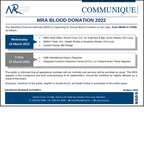 Document preview: MRA Blood Donation 2022 (18.03.22) — Notice / Circular, Mauritius (CERFA n°CommuniqueBD2022)