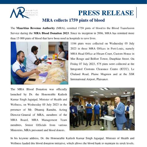 Document preview: MRA collects 1759 pints of blood (07.07.23) — Document, Mauritius (CERFA n°PressRelease070723)