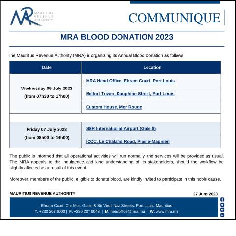 Document preview: MRA Blood Donation 2023 (27.06.23) — Document, Mauritius (CERFA n°ComuniqueBloodDonation270623)