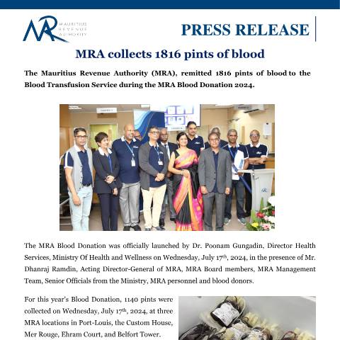 Document preview: MRA collects 1816 pints of blood (19.07.24) — Document, Mauritius (CERFA n°PressReleaseBD2024)