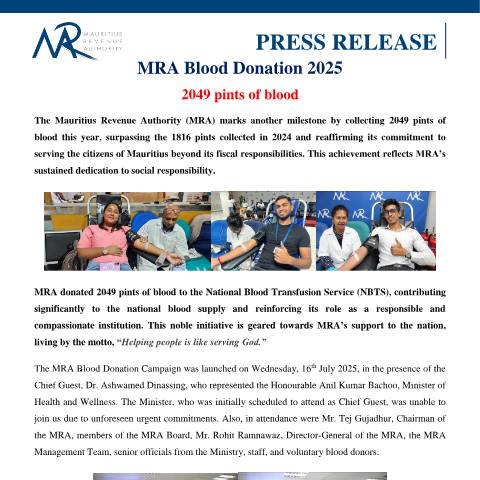 Document preview: MRA Blood Donation 2025 : 2049 pints of blood (18.07.25) — Document, Mauritius (CERFA n°PressRelease180725)