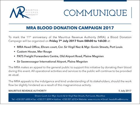 Document preview: MRA Blood Donation Campaign 2017 (05.07.17) — Document, Mauritius (CERFA n°BloodDonation2017)
