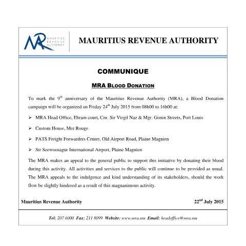 Document preview: MRA Blood Donation (22.07.15) — Document, Mauritius (CERFA n°BloodDonation220715)