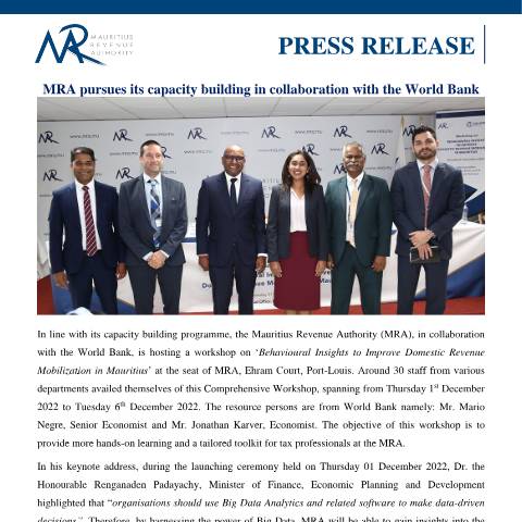 Document preview: MRA pursues its capacity building in collaboration with the World Bank (05.12.22) — Document, Mauritius (CERFA n°PressRelease051222)