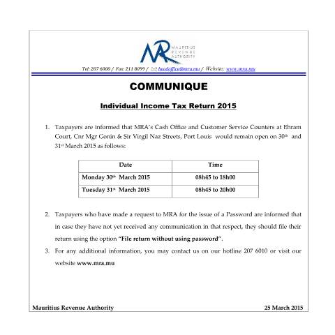 Document preview: Closing Hours of MRA Cash Office (25.03.15) — Document, Mauritius (CERFA n°ClosingHours250315)