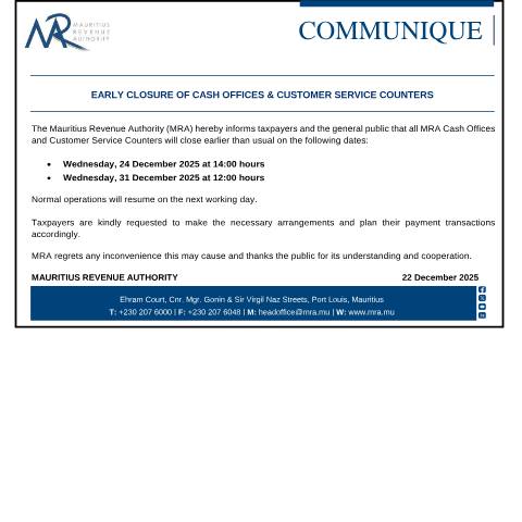 Document preview: Early Closure of Cash Offices &amp; Customer Service Counters (22.12.25) — Document, Mauritius (CERFA n°EarlyClosure221225)