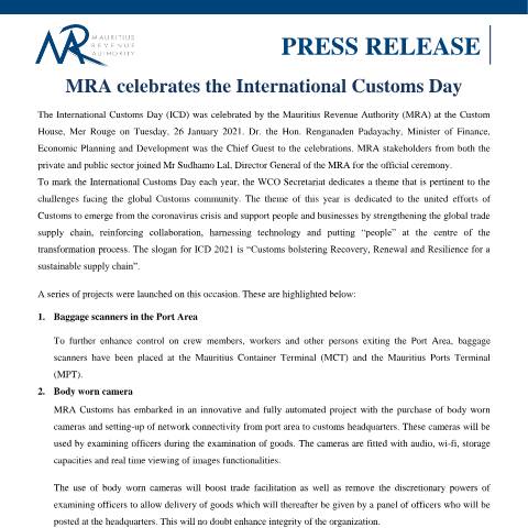 Document preview: MRA celebrates the International Customs Day (27.01.21) — Reference, Mauritius (CERFA n°PressRelease270121)