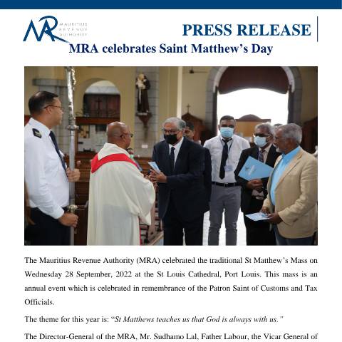 Document preview: MRA celebrates Saint Matthew’s Day — Reference, Mauritius (CERFA n°PressReleaseStMathews290922)