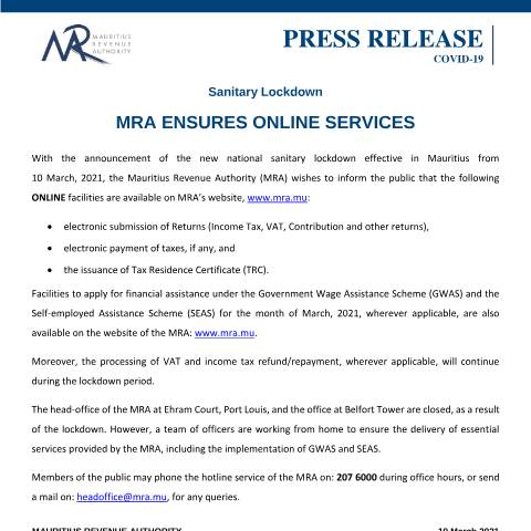 Document preview: MRA ensures Online Services — Document, Mauritius (CERFA n°PressReleaseOnlineServices190321)
