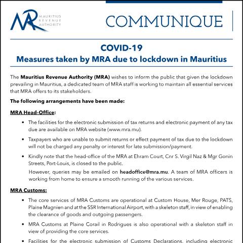 Document preview: Measures taken by MRA due to lockdown in Mauritius (20.03.20) — Notice / Circular, Mauritius (CERFA n°CommuniqueCovid19)