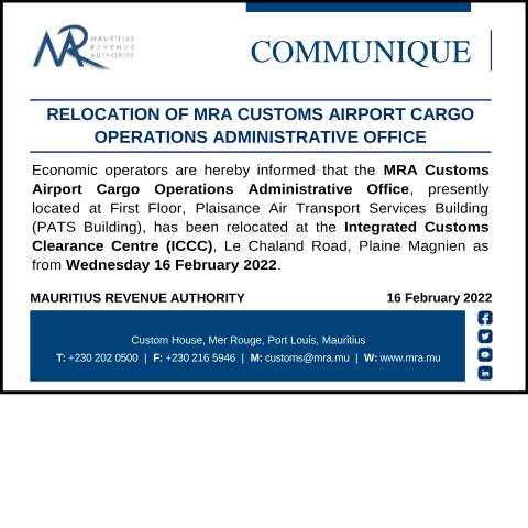 Document preview: Relocation of MRA Customs Airport Cargo Operations Administrative Office (16.02.22) — Document, Mauritius (CERFA n°PATSRelocation)