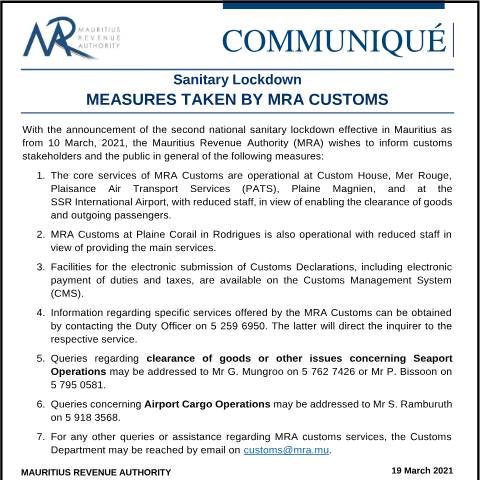 Document preview: Measures taken by MRA Customs (19.03.21) — Document, Mauritius (CERFA n°CustomsMeasures190321)
