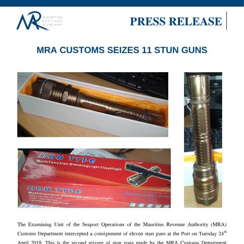 Document preview: MRA Customs seizes 11 stun guns (27.04.18) — Document, Mauritius (CERFA n°PressRelease270418)