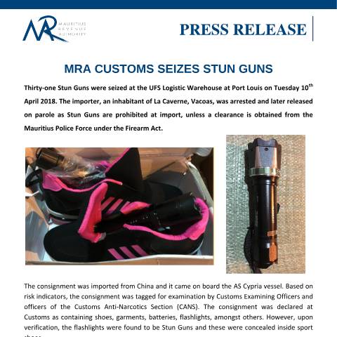 Document preview: MRA Customs seizes stun guns (11.04.18) — Document, Mauritius (CERFA n°PressRelease110418)