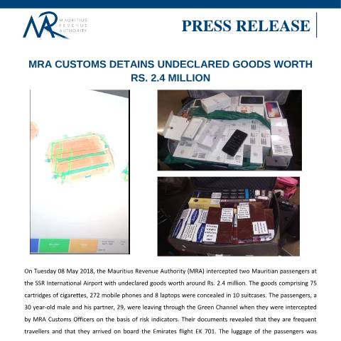 Document preview: MRA Customs detains undeclared goods worth Rs 2.4 million (08.05.18) — Document, Mauritius (CERFA n°PressRelease080518)