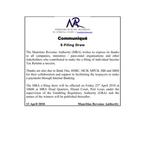 Document preview: MRA E Filing Draw (13.04.2010) — Document, Mauritius (CERFA n°EfilingDraw2010)