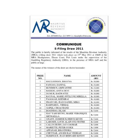 Document preview: E Filing Draw 2011 winners (23.05.2011) — Document, Mauritius (CERFA n°EfilingWinners2011)