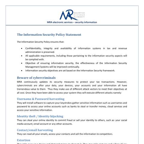 Document preview: MRA Electronic Services - Security Information (12.06.14) — Document, Mauritius (CERFA n°SecurityInformation)