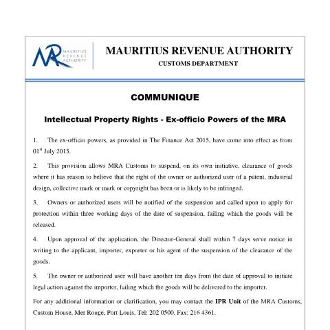 Document preview: Intellectual Property Rights : Ex-officio Powers of the MRA (28.07.15) — Document, Mauritius (CERFA n°IPR290715)