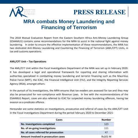 Document preview: MRA combats Money Laundering and Financing of Terrorism (25.02.22) — Document, Mauritius (CERFA n°PressRelease250222)
