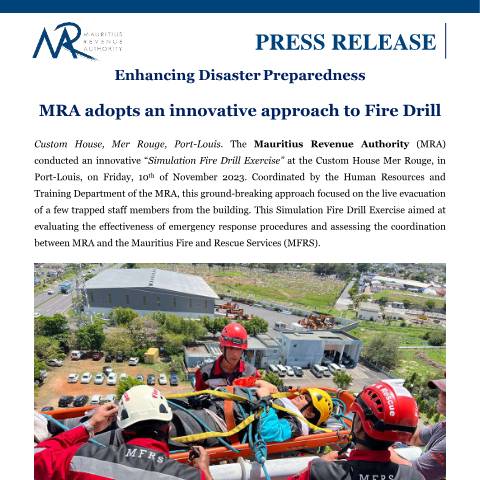 Document preview: Enhancing Disaster Preparedness : MRA adopts an innovative approach to Fire Drill (10.11.23) — Document, Mauritius (CERFA n°FireDrill101123)