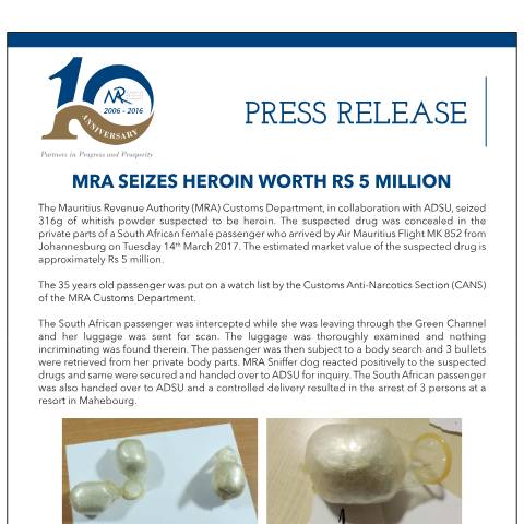 Document preview: MRA seizes heroin worth Rs 5 million (16.03.17) — Document, Mauritius (CERFA n°PressRelease160317)