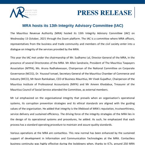 Document preview: MRA hosts its 13th Integrity Advisory Committee (IAC) (20.10.21) — Document, Mauritius (CERFA n°PressRelease201021)