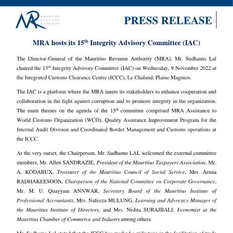 Document preview: MRA hosts its 15th Integrity Advisory Committee (IAC) (18.11.22) — Document, Mauritius (CERFA n°PressReleaseIAC181122)