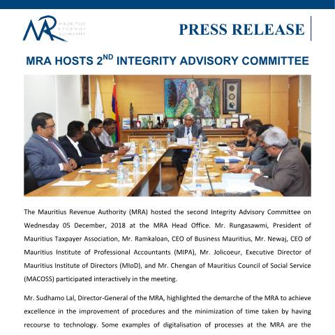 Document preview: MRA hosts 2nd Integrity Advisory Committee — Document, Mauritius (CERFA n°IntegrityAdvisoryCommitteeMeeting071218)