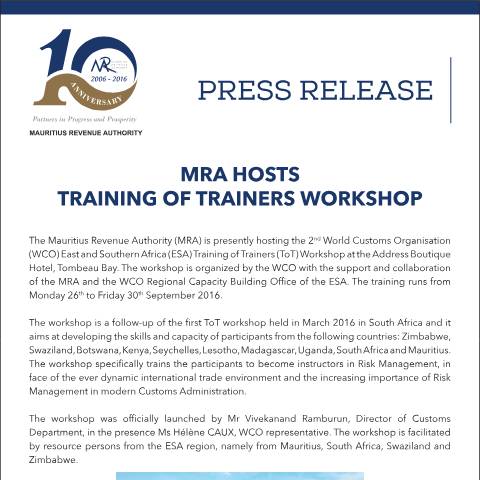 Document preview: MRA Hosts Training of Trainers Workshop (30.09.16) — Document, Mauritius (CERFA n°TOTWorkshop)