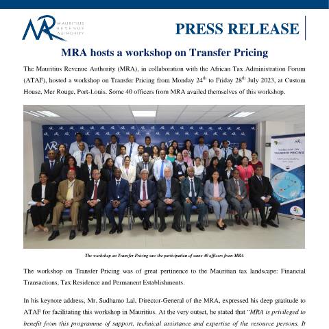 Document preview: MRA hosts a workshop on Transfer Pricing (24.07.23) — Document, Mauritius (CERFA n°PressReleaseTPricing240723)