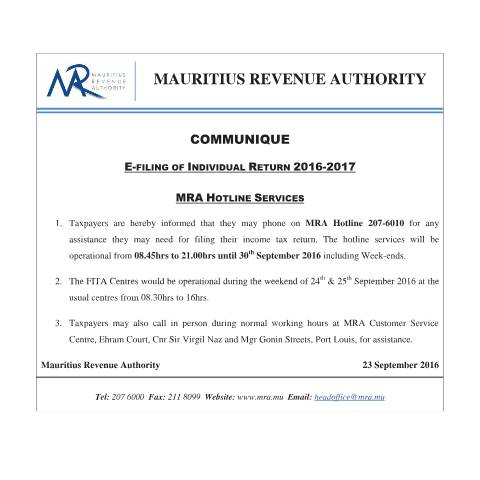 Document preview: E-Filing 2016-2017 : MRA Hotline Services (23.09.16) — Document, Mauritius (CERFA n°HotlineServices230916)