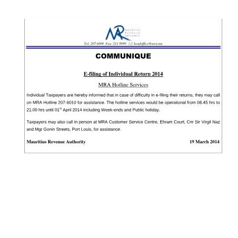 Document preview: MRA Hotline Services (20.03.14) — Notice / Circular, Mauritius (CERFA n°HotlineCommunique)