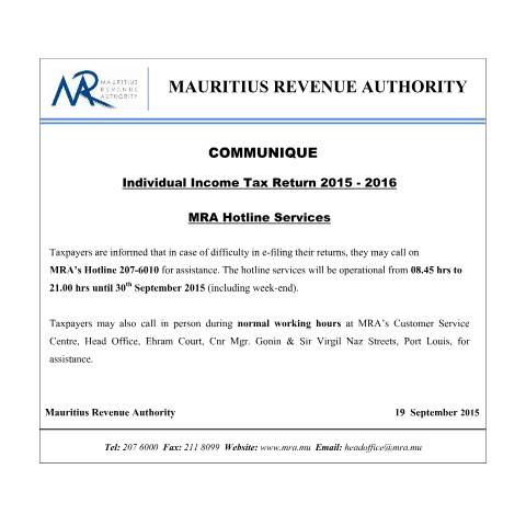 Document preview: MRA Hotline Services (21.09.15) — Document, Mauritius (CERFA n°HotlineServices210915)