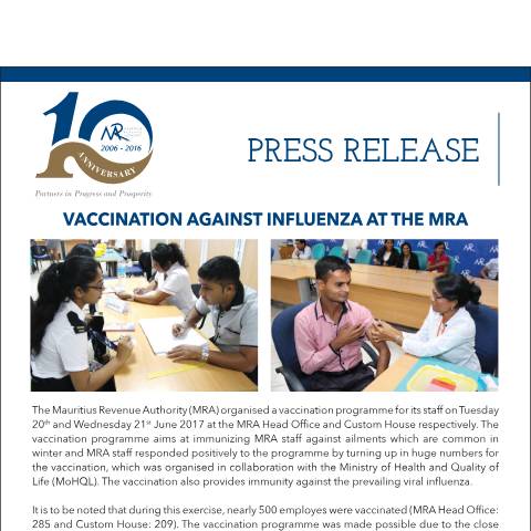 Document preview: Vaccination against influenza at the MRA (23.06.17) — Document, Mauritius (CERFA n°PressReleaseVaccination)