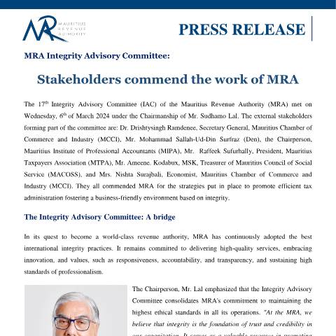 Document preview: MRA Integrity Advisory Committee : Stakeholders commend the work of MRA (14.03.24) — Document, Mauritius (CERFA n°PressRelease140324)