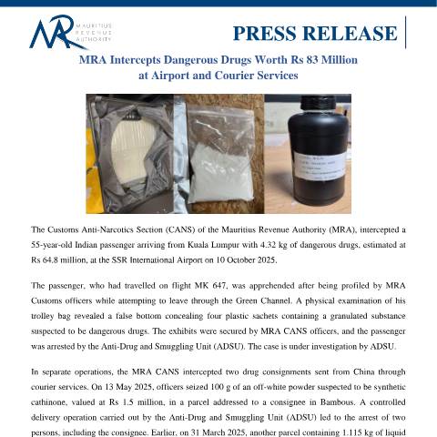 Document preview: MRA Intercepts Dangerous Drugs Worth Rs 83 Million at Airport and Courier Services (13.10.25) — Document, Mauritius (CERFA n°PressRelease131025)