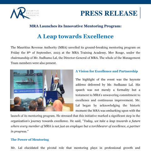 Document preview: MRA launches its Innovative Mentoring Program: A Leap towards Excellence (18.09.23) — Document, Mauritius (CERFA n°PressRelease190923)