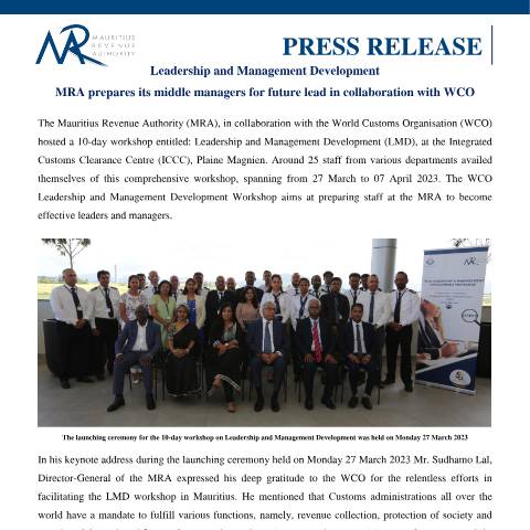 Document preview: Leadership and Management Development : MRA prepares its middle managers for future lead in collaboration with WCO (29.03.23) — Document, Mauritius (CERFA n°PressRelease290323)