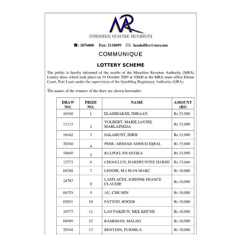 Document preview: MRA e Filing 2009Lottery Winners (15.10.2009) — Notice / Circular, Mauritius (CERFA n°CommuniqueMRA2009LotteryWinners)