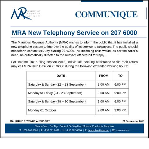 Document preview: MRA New Telephony Service on 207 6000 (21.09.18) — Document, Mauritius (CERFA n°TelephonyService)