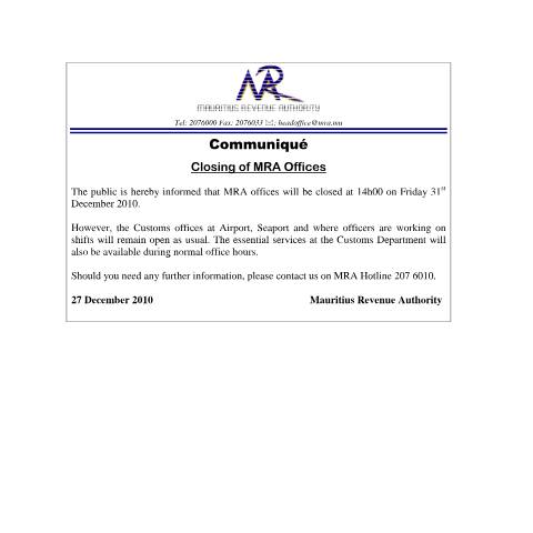 Document preview: Closing of MRA Offices (27.12.2010) — Notice / Circular, Mauritius (CERFA n°CommuniqueClosingMRAoffice31122010)